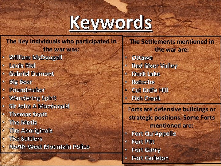 Keywords The Key Individuals who participated in the war was: • William Mc. Dougall