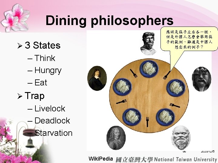 Dining philosophers 應該是筷子左右各一根, 但是外國人怎麼會舉用筷 子的範例,難道是中國人 想出來的例子? Ø 3 States – Think – Hungry – Dining philosophers 應該是筷子左右各一根, 但是外國人怎麼會舉用筷 子的範例,難道是中國人 想出來的例子? Ø 3 States – Think – Hungry –