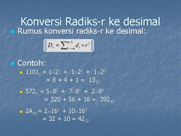 Konversi Radiks-r ke desimal n Rumus konversi radiks-r ke desimal: n Contoh: 11012 =