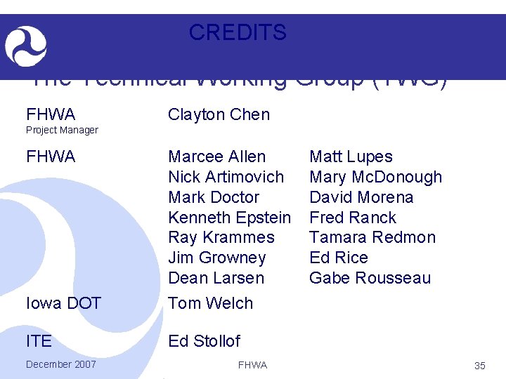 CREDITS The Technical Working Group (TWG) FHWA Clayton Chen Project Manager FHWA Marcee Allen