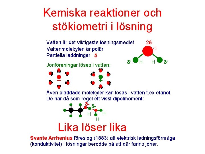 Kemiska reaktioner och stökiometri i lösning Vatten är det viktigaste lösningsmedlet Vattenmolekylen är polär