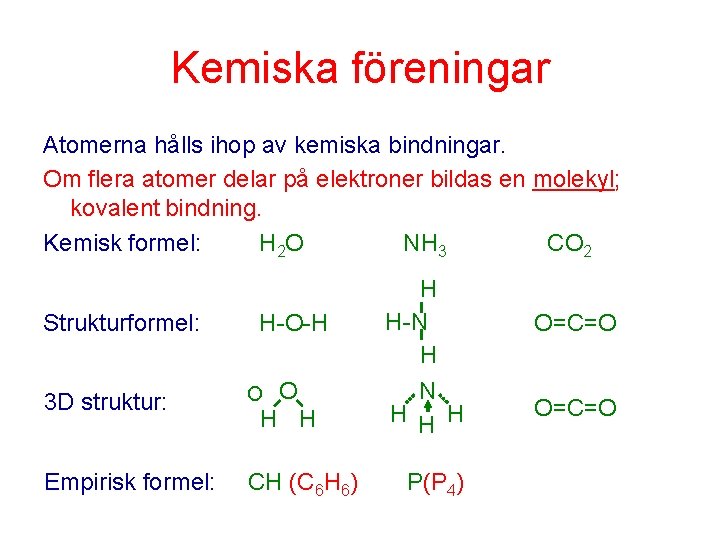 Kemiska föreningar Atomerna hålls ihop av kemiska bindningar. Om flera atomer delar på elektroner