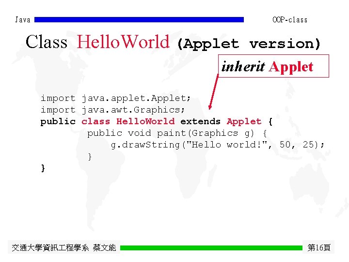 Java OOP-class Class Hello. World (Applet version) inherit Applet import java. applet. Applet; import