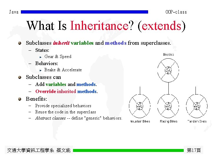 Java OOP-class What Is Inheritance? (extends) Subclasses inherit variables and methods from superclasses. -