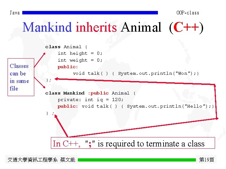 Java OOP-class Mankind inherits Animal (C++) Classes can be in same file class Animal