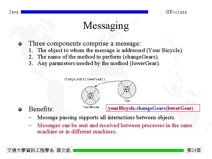 Java OOP-class Messaging Three components comprise a message: 1. The object to whom the