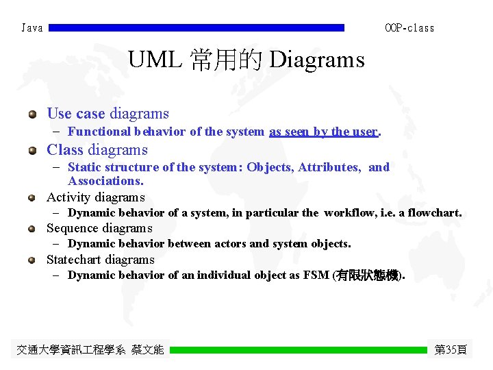 Java OOP-class UML 常用的 Diagrams Use case diagrams - Functional behavior of the system