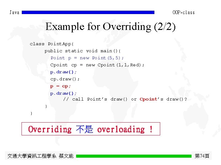 Java OOP-class Example for Overriding (2/2) class Point. App{ public static void main(){ Point