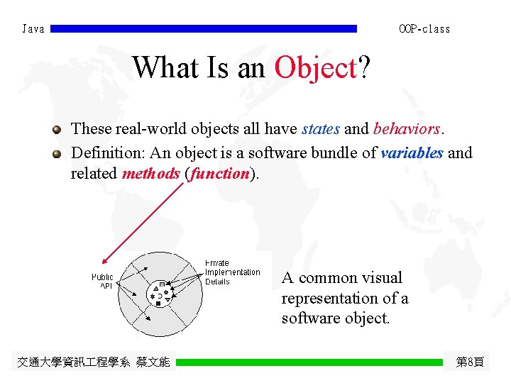 Java OOP-class What Is an Object? These real-world objects all have states and behaviors.