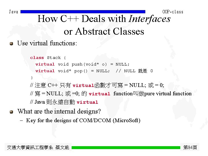 Java OOP-class How C++ Deals with Interfaces or Abstract Classes Use virtual functions: class
