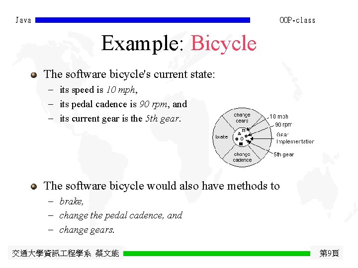 Java OOP-class Example: Bicycle The software bicycle's current state: - its speed is 10