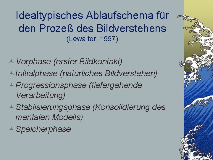 Idealtypisches Ablaufschema für den Prozeß des Bildverstehens (Lewalter, 1997) © Vorphase (erster Bildkontakt) ©