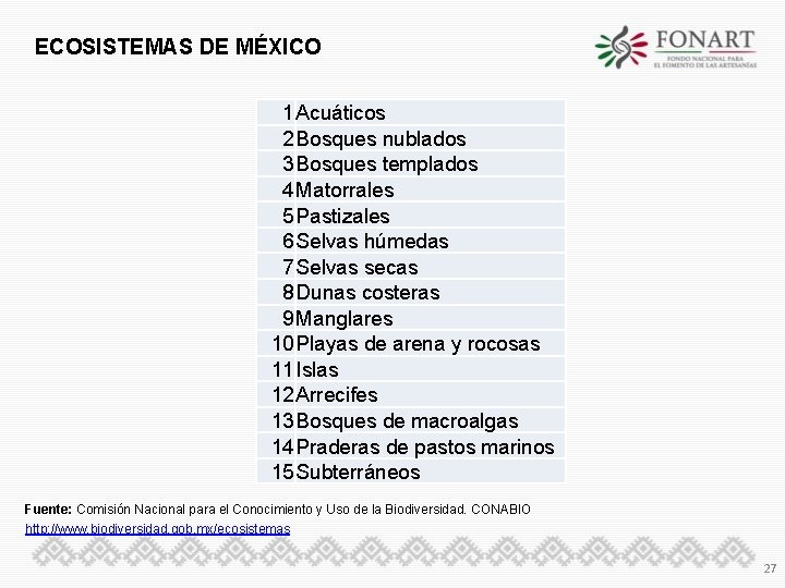 ECOSISTEMAS DE MÉXICO 1 Acuáticos 2 Bosques nublados 3 Bosques templados 4 Matorrales 5