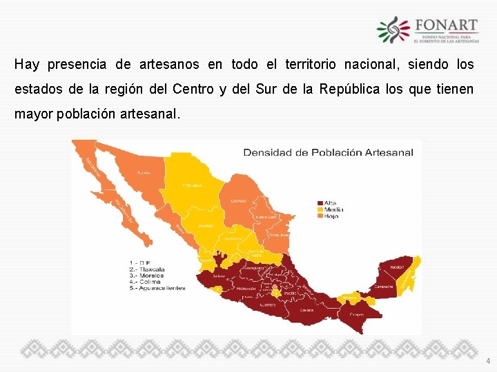 Hay presencia de artesanos en todo el territorio nacional, siendo los estados de la