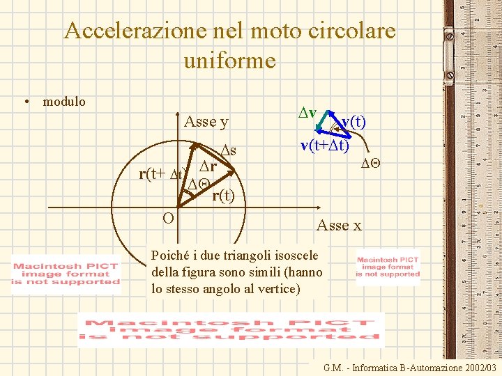 Accelerazione nel moto circolare uniforme • modulo Asse y Ds r(t+ Dt) Dr DQ