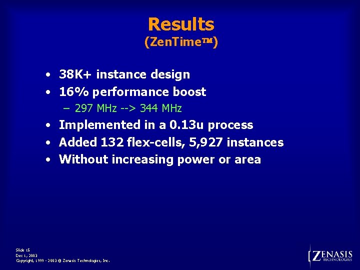 Results (Zen. Time ) • 38 K+ instance design • 16% performance boost –