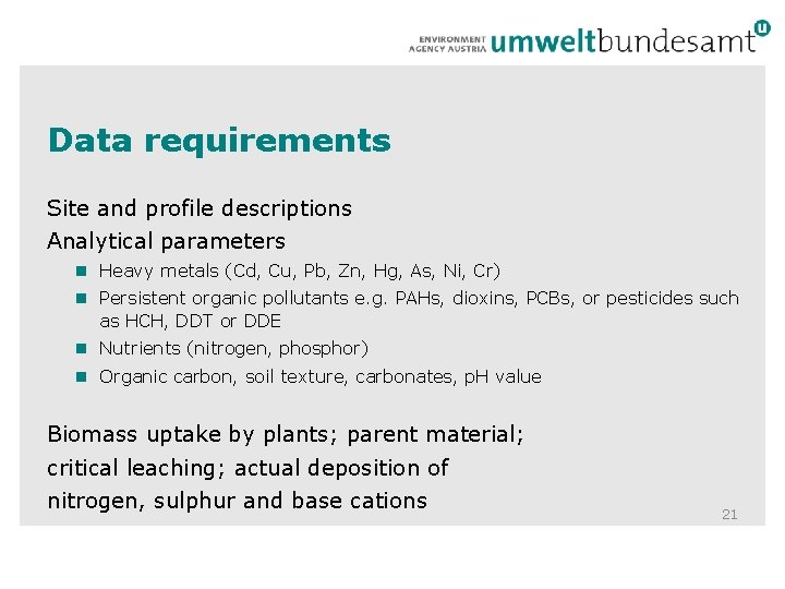 Data requirements Site and profile descriptions Analytical parameters n Heavy metals (Cd, Cu, Pb,