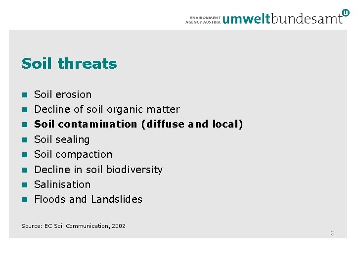 Soil threats n Soil erosion n Decline of soil organic matter n Soil contamination