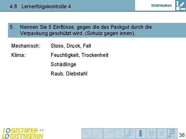 4. 6 Lernerfolgskontrolle 4 5. Distribution Nennen Sie 5 Einflüsse, gegen die das Packgut