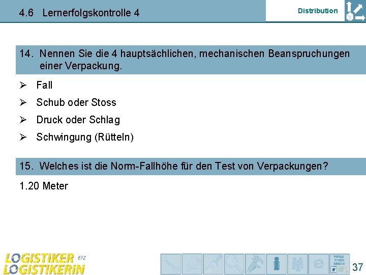 4. 6 Lernerfolgskontrolle 4 Distribution 14. Nennen Sie die 4 hauptsächlichen, mechanischen Beanspruchungen einer