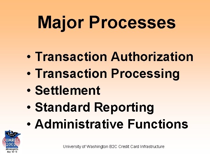 Major Processes • Transaction Authorization • Transaction Processing • Settlement • Standard Reporting •