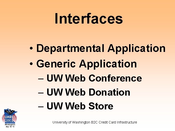 Interfaces • Departmental Application • Generic Application – UW Web Conference – UW Web