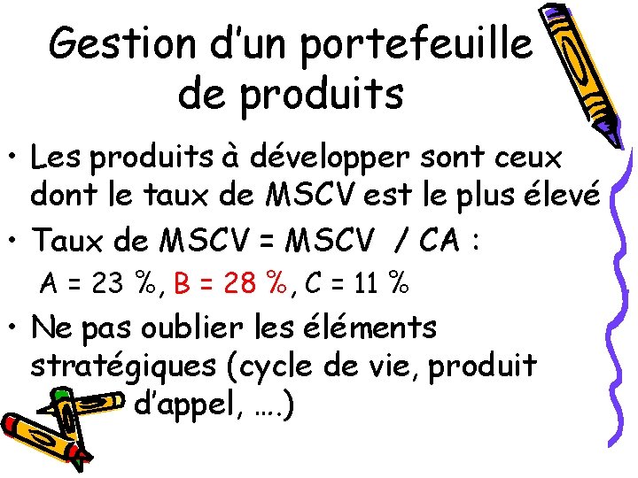 Gestion d’un portefeuille de produits • Les produits à développer sont ceux dont le