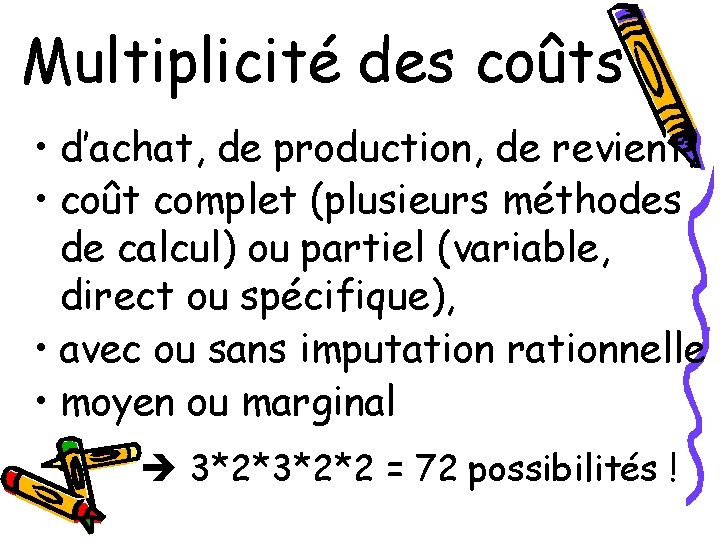 Multiplicité des coûts • d’achat, de production, de revient, • coût complet (plusieurs méthodes