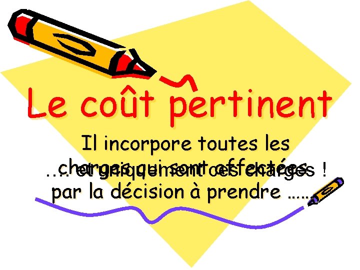 Le coût pertinent Il incorpore toutes les charges qui sontces affectées …. et uniquement