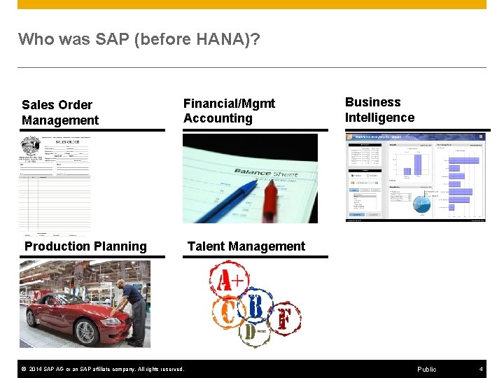 Who was SAP (before HANA)? Sales Order Management Financial/Mgmt Accounting Production Planning © 2014
