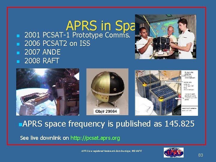n n APRS in Space 2001 PCSAT-1 Prototype Comms. 2006 PCSAT 2 on ISS