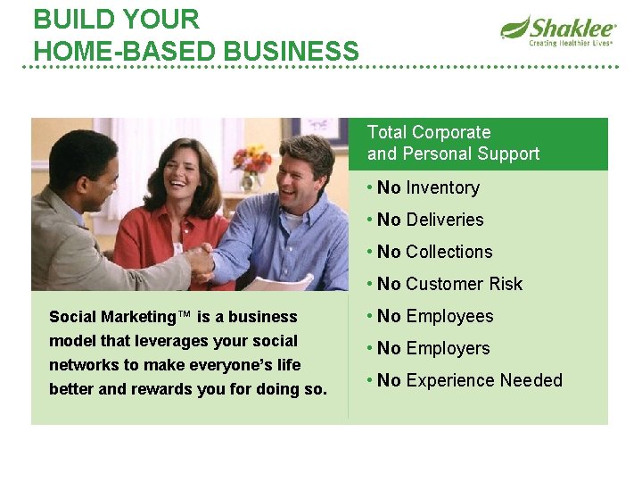 BUILD YOUR HOME-BASED BUSINESS Total Corporate and Personal Support • No Inventory • No