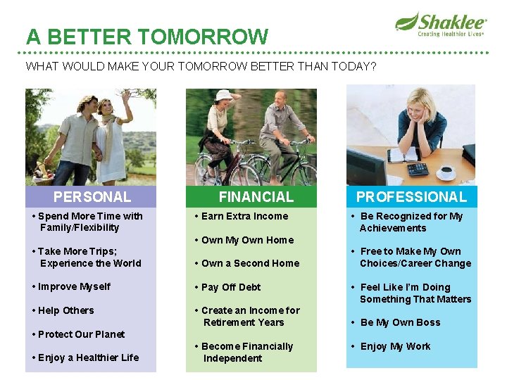 A BETTER TOMORROW WHAT WOULD MAKE YOUR TOMORROW BETTER THAN TODAY? PERSONAL • Spend