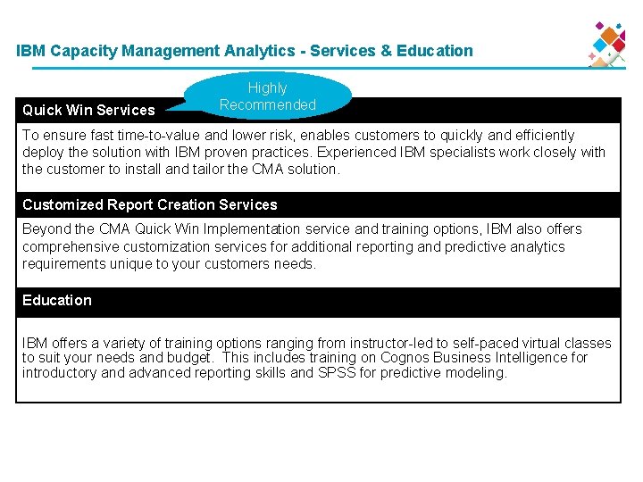 IBM Capacity Management Analytics - Services & Education Quick Win Services Highly Recommended To