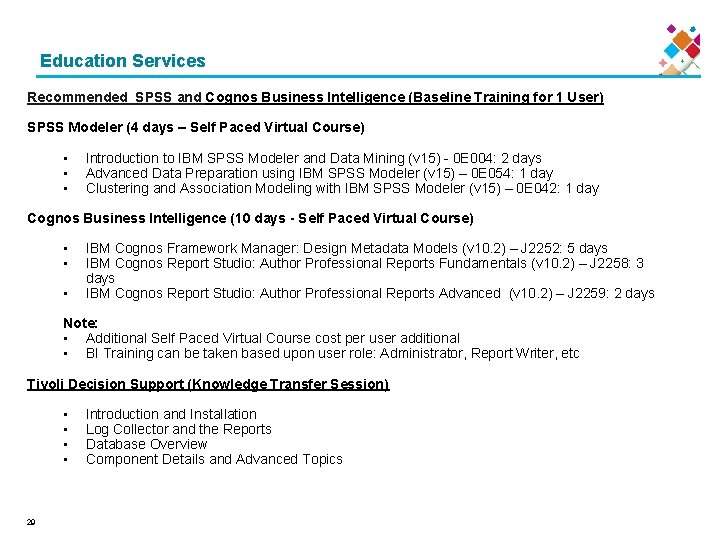 Education Services Recommended SPSS and Cognos Business Intelligence (Baseline Training for 1 User) SPSS