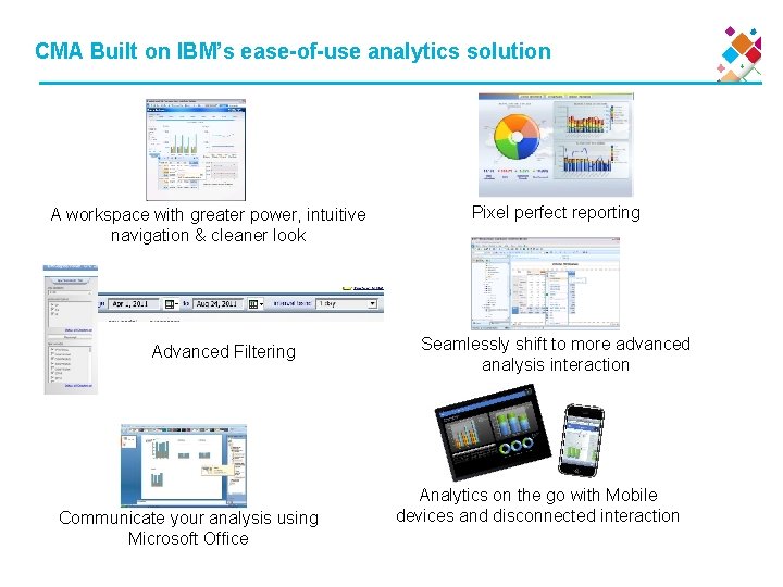 CMA Built on IBM’s ease-of-use analytics solution A workspace with greater power, intuitive navigation