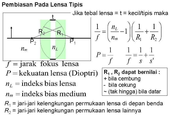 Pembiasan Pada Lensa Tipis Jika tebal lensa = t = kecil/tipis maka t R