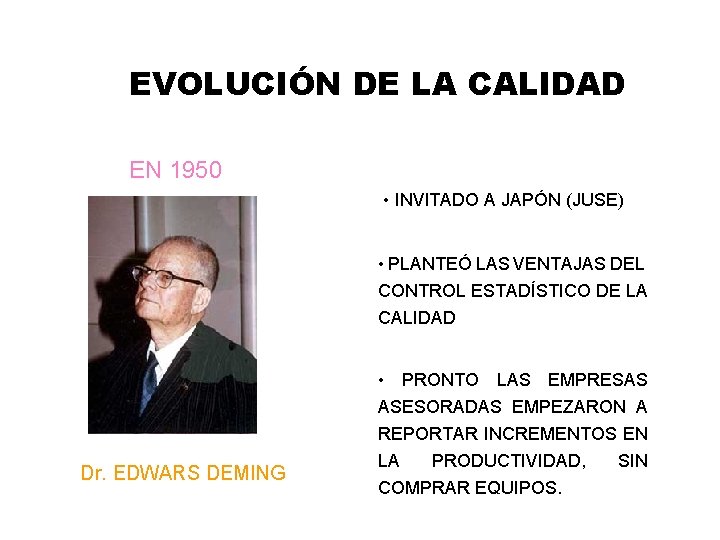 EVOLUCIÓN DE LA CALIDAD EN 1950 • INVITADO A JAPÓN (JUSE) • PLANTEÓ LAS