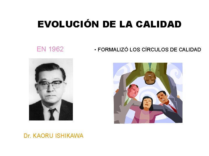 EVOLUCIÓN DE LA CALIDAD EN 1962 Dr. KAORU ISHIKAWA • FORMALIZÓ LOS CÍRCULOS DE