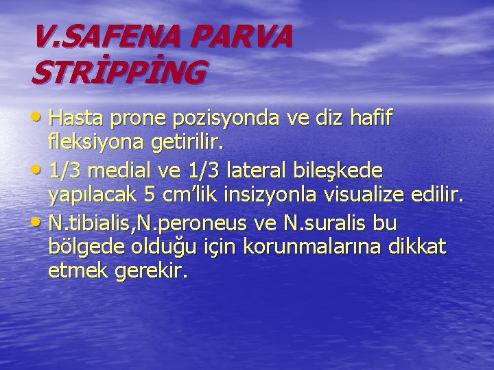 V. SAFENA PARVA STRİPPİNG • Hasta prone pozisyonda ve diz hafif fleksiyona getirilir. •