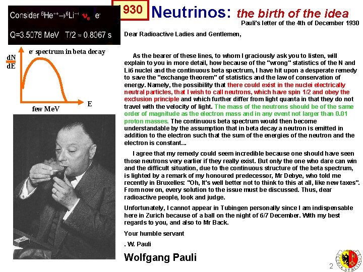  e 1930 Neutrinos: the birth of the idea Pauli's letter of the 4