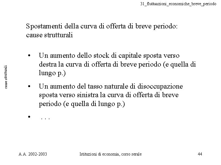 31_fluttuazioni_economiche_breve_periodo cause strutturali Spostamenti della curva di offerta di breve periodo: cause strutturali •