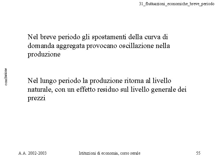 31_fluttuazioni_economiche_breve_periodo conclusione Nel breve periodo gli spostamenti della curva di domanda aggregata provocano oscillazione