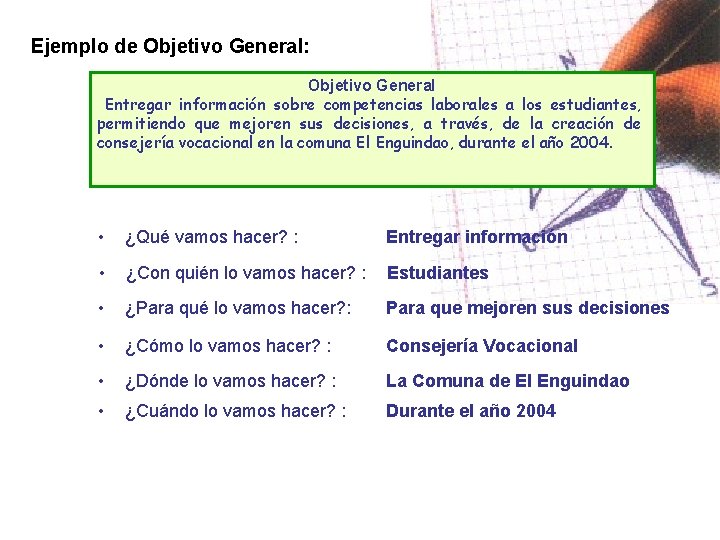 Ejemplo de Objetivo General: Objetivo General Entregar información sobre competencias laborales a los estudiantes,