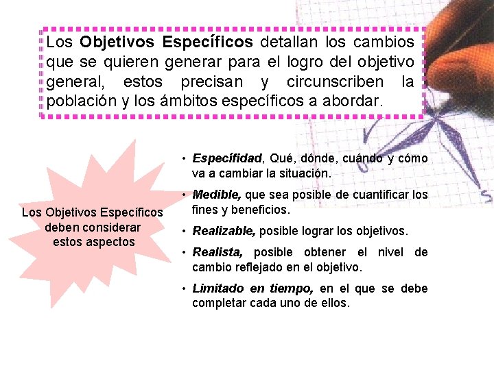 Los Objetivos Específicos detallan los cambios que se quieren generar para el logro del