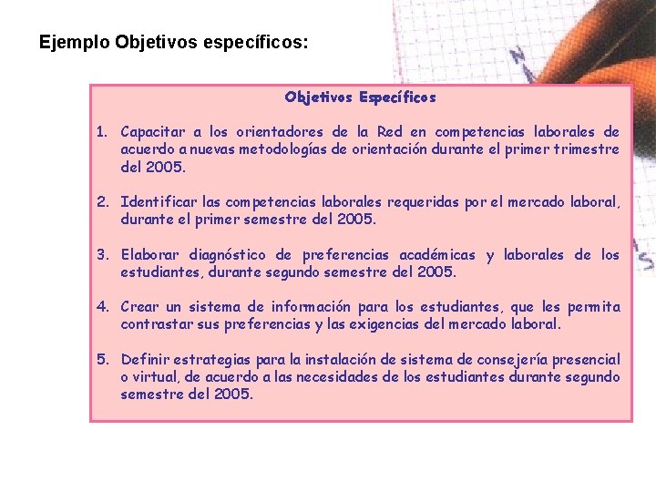 Ejemplo Objetivos específicos: Objetivos Específicos 1. Capacitar a los orientadores de la Red en