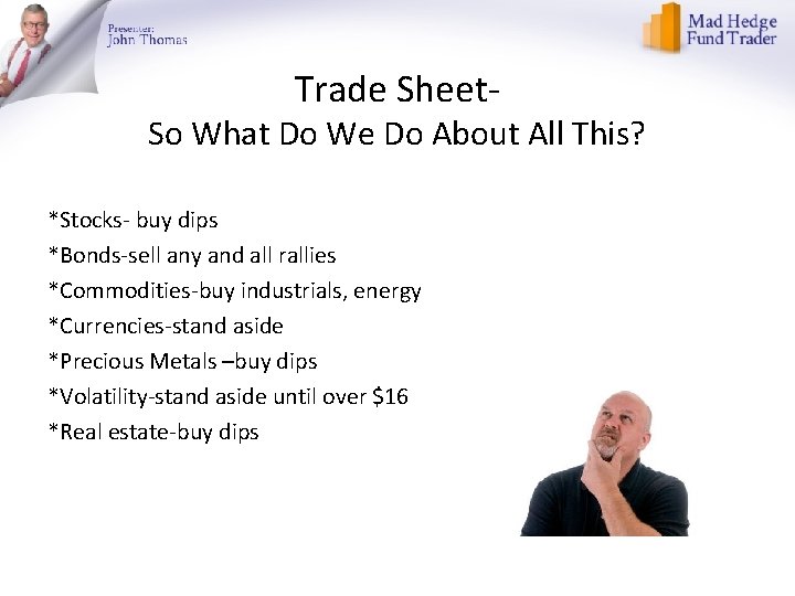 Trade Sheet- So What Do We Do About All This? *Stocks- buy dips *Bonds-sell