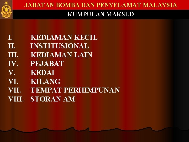 JABATAN BOMBA DAN PENYELAMAT MALAYSIA KUMPULAN MAKSUD I. III. IV. V. VIII. KEDIAMAN KECIL JABATAN BOMBA DAN PENYELAMAT MALAYSIA KUMPULAN MAKSUD I. III. IV. V. VIII. KEDIAMAN KECIL