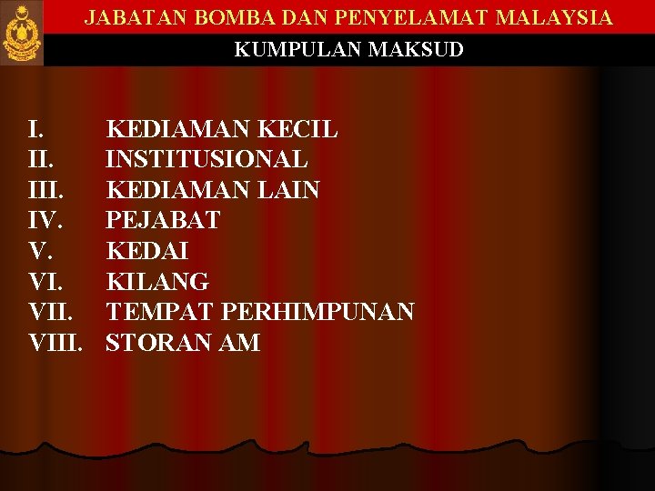 JABATAN BOMBA DAN PENYELAMAT MALAYSIA KUMPULAN MAKSUD I. III. IV. V. VIII. KEDIAMAN KECIL