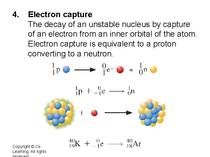 4. Electron capture The decay of an unstable nucleus by capture of an electron